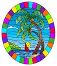 Stained glass illustration with a tropical sea, landscape, coconut trees  on the sandy beach, oval image in bright frame Royalty Free Stock Photo