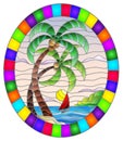 Stained glass illustration with a tropical sea, landscape, coconut trees  on the sandy beach, oval image in bright frame Royalty Free Stock Photo