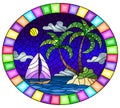 Stained glass illustration with  a tropical sea landscape, coconut trees  on the sandy beach and a ship on a background of night s Royalty Free Stock Photo