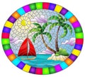 Stained glass illustration with a tropical sea landscape, coconut trees  on the sandy beach and a ship , oval image in bright fram Royalty Free Stock Photo