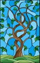 Stained glass illustration with twisted green tree on sky background Royalty Free Stock Photo