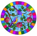 Stained glass illustration with two two bright birds on the branches of blooming wild rose on a background sky,oval image in brigh Royalty Free Stock Photo