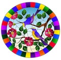 Stained glass illustration with two bright birds on the branches of blooming wild rose on a background sky,oval image in bright f