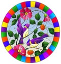 Stained glass illustration with two purple birds on the branches of blooming wild rose on a background sky