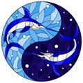 Stained glass illustration with two swordfishes on the background of water and air bubbles in the form of the Yin Yang sign