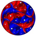 Stained glass illustration with two swordfishes on the background of water and air bubbles in the form of the Yin Yang sign