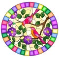 Stained glass illustration with two bright birds on the branches of blooming wild rose on a yellow background,oval image in brigh