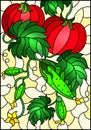 Stained glass illustration with vegetable composition, ripe tomatoes, cucumbers and leaves on a yellow background