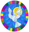 Stained glass illustration with a  white dove on the background of the daytime sky and clouds, oval picture in a bright frame Royalty Free Stock Photo