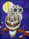 Stained glass illustration with white polar owl sitting on a tree branch against the starry sky and the moon Royalty Free Stock Photo