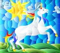 An illustration in stained glass style with white unicorn galloping on the green meadow on the background of sky and sun Royalty Free Stock Photo