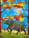 Stained glass illustration wild bull on the background of autumn trees, mountains and sky