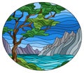 Stained glass illustration with a wild landscape, a green tree on a background of lake, mountains and a Sunny sky, oval image