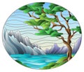 Stained glass illustration with a wild landscape, a green tree on a background of lake, mountains and a Sunny sky, oval image