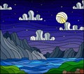 Stained glass illustration with a wild landscape, a lake on a background of mountains and a starry night sky with moon Royalty Free Stock Photo