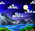 Stained glass illustration with a wild landscape, a lake on a background of mountains and a starry night sky with moon Royalty Free Stock Photo