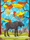 Stained glass illustration with wild moose on the background of autumn trees, mountains and sky Royalty Free Stock Photo