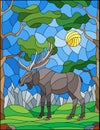 Stained glass illustration with wild moose on the background of trees, mountains and sky Royalty Free Stock Photo