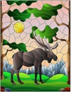 Stained glass illustration wild moose on the background of trees, mountains and sky Royalty Free Stock Photo