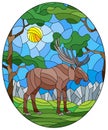 Stained glass illustration with  wild moose on the background of trees, mountains and sky Royalty Free Stock Photo