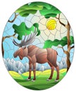 Stained glass illustration with wild moose on the background of trees, mountains and sky Royalty Free Stock Photo