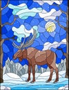 Stained glass illustration with wild moose on the background of trees, mountains , snow and sky Royalty Free Stock Photo