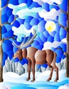 An illustration in stained glass style with wild moose on the background of trees, mountains , snow and sky Royalty Free Stock Photo