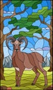 Stained glass illustration with wild RAM on the background of trees, mountains and sky Royalty Free Stock Photo