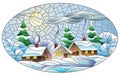 Stained glass illustration with a winter landscape, cozy village houses against a snowdrift and a night sky with a moon, oval ima