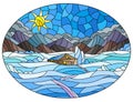 Stained glass illustration with a winter landscape, a lonely house against the background of fields, mountains and sky, oval image