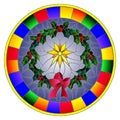 Stained glass illustration wreath of Holly and Christmas star on a blue background,round image in bright frame
