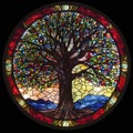 illustration, stained glass window depicting a tree, ai generative