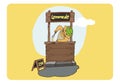 Illustration of a stand with lemonade and a cat. Lemonade stand, lemon, ice, summer time, ready to use, eps. For your Royalty Free Stock Photo