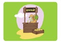 Illustration of a stand with lemonade and a cat. Lemonade stand, lemon crate, summer time, ready to use, eps. For your