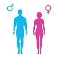 illustration of standing silhouettes of man and woman, female and male signs Royalty Free Stock Photo