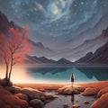 The illustration of starry sky with mountains and lake, fantasy art, concept art magic highlights, dream painting
