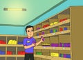 Illustration of a stationery shop worker tidying up pens on a shelf