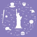 Illustration Of Statue Of Liberty, Eagle Head, Stars, Hamburger, Bat And Ball For Baseball, Barbecue, Baseball Cap, Hat Arranged