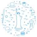 Illustration Of Statue Of Liberty, Eagle Head, Stars, Hamburger, Bat And Ball For Baseball, Barbecue, Baseball Cap, Hat Arranged
