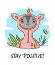 Illustration stay positive cat in unicorn costume