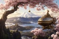 Illustration of Steampunk airship flying with mount Fuji in the background, whimsical serene landscape with lake and surreal city