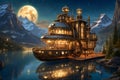 Illustration of Steampunk ship anchored at docks on serene lake, in the middle of whimsical landscape of snowy mountains, trees