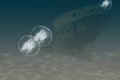 Illustration on the stern of an old sunken steamer lying on an even keel on the muddy sea floor