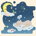 Illustration sticker in childrens flat style cartoon for childrens bedroom design decoration little kitten sleeping on a cloud on