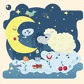 Illustration sticker in childrens flat style cartoon for childrens bedroom design decoration little Lamb stands on a cloud next to