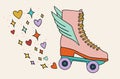 Illustration of a sticker from the 1970s set. Roller skate with wings. Bright memorable design. Royalty Free Stock Photo