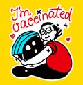 Illustration of a sticker with a text phrase. I m vaccinated. Grandma plays with the virus, hugs it, and puts a mask on