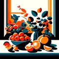 Illustration of a still life with a bowl of cherries and oranges AI Generated Royalty Free Stock Photo