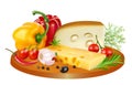 still life of cheese, tomatoes, bell peppers and spices