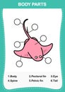 Stingray vocabulary part of body,Write the correct numbers of body parts Royalty Free Stock Photo